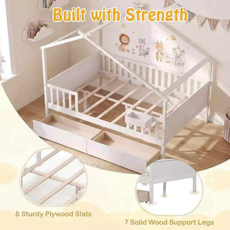Lit double Costway avec 2 tiroirs de rangement, cadre de lit en forme de maison pour enfants et adolescents Blanc/Naturel
