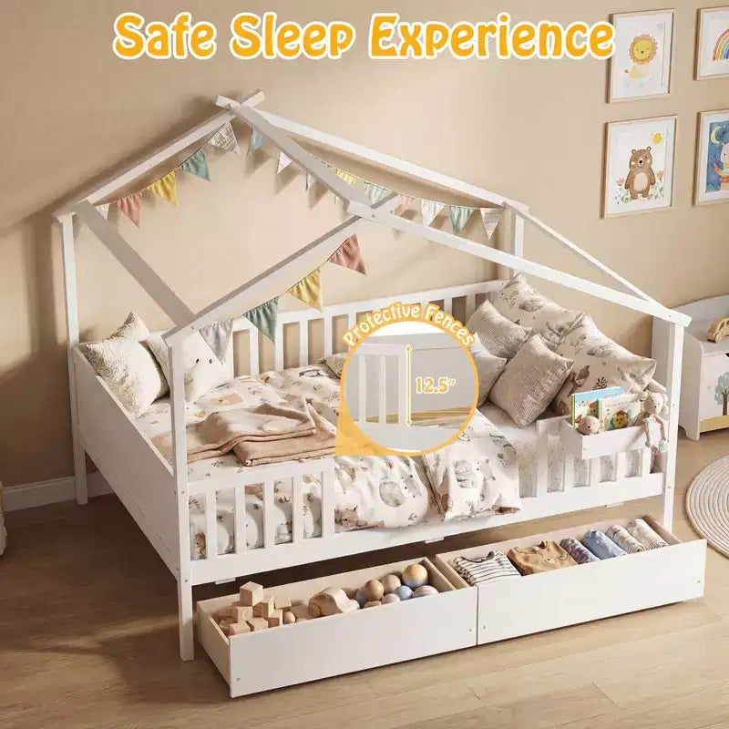 Lit double Costway avec 2 tiroirs de rangement, cadre de lit en forme de maison pour enfants et adolescents Blanc/Naturel