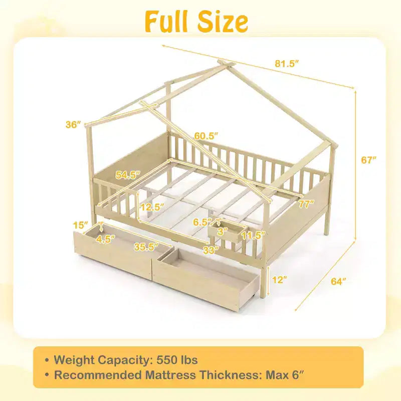 Lit double Costway avec 2 tiroirs de rangement, cadre de lit en forme de maison pour enfants et adolescents Blanc/Naturel