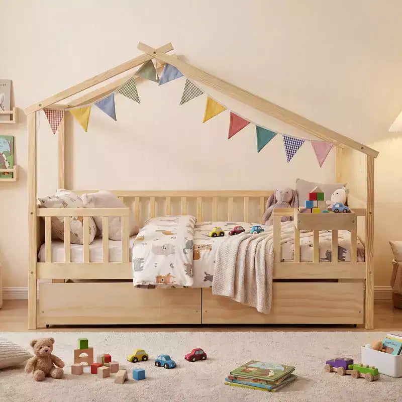 Lit double Costway avec 2 tiroirs de rangement, cadre de lit en forme de maison pour enfants et adolescents Blanc/Naturel