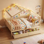 Lit double Costway avec 2 tiroirs de rangement, cadre de lit en forme de maison pour enfants et adolescents Blanc/Naturel