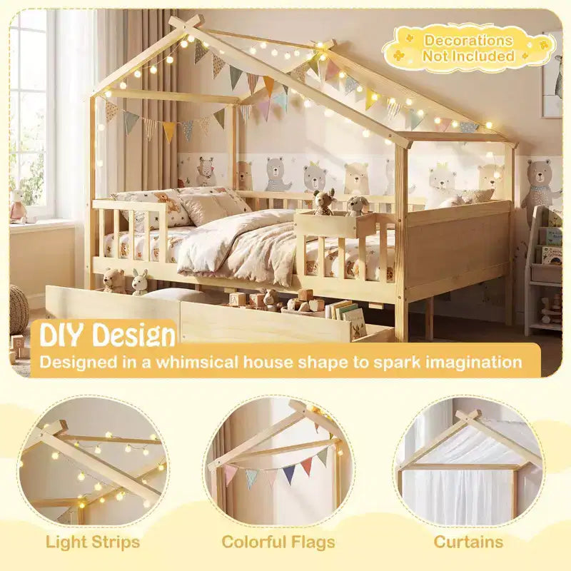 Lit double Costway avec 2 tiroirs de rangement, cadre de lit en forme de maison pour enfants et adolescents Blanc/Naturel
