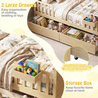 Lit double Costway avec 2 tiroirs de rangement, cadre de lit en forme de maison pour enfants et adolescents Blanc/Naturel
