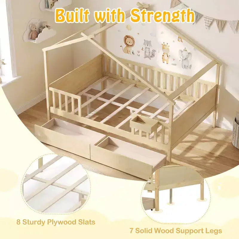 Lit double Costway avec 2 tiroirs de rangement, cadre de lit en forme de maison pour enfants et adolescents Blanc/Naturel