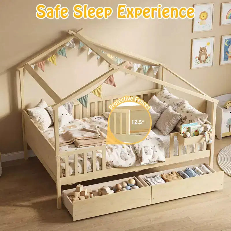 Lit double Costway avec 2 tiroirs de rangement, cadre de lit en forme de maison pour enfants et adolescents Blanc/Naturel