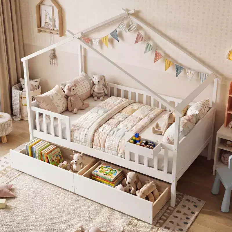 Lit double Costway avec 2 tiroirs de rangement, cadre de lit en forme de maison pour enfants et adolescents Blanc/Naturel