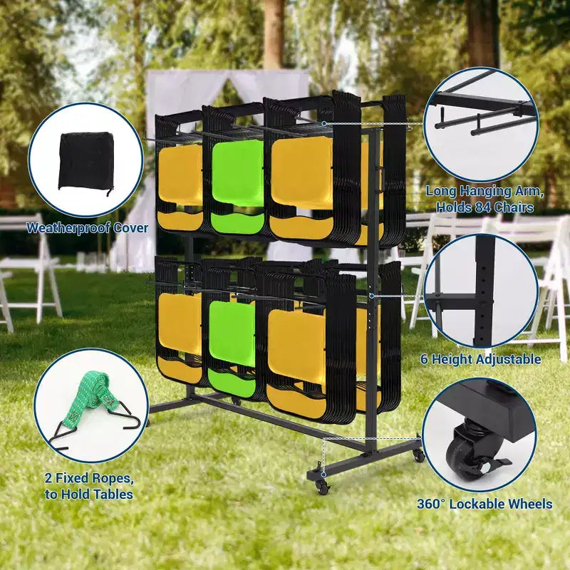 GustoWave Chariot de Rangement Pliant pour Chaises, Capacité de 360 kg, Chariot de Transport pour 84 Chaises ou 12 Tables et 42 Chaises, avec Roues en Caoutchouc et Housse de Protection contre les Intempéries