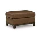 Signature Design by Ashley Brendola Ottoman, Top Grain Leather Cushion with Nailhead Trim, Amber