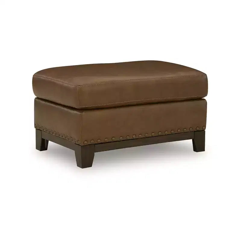 Signature Design by Ashley Brendola Ottoman, Top Grain Leather Cushion with Nailhead Trim, Amber