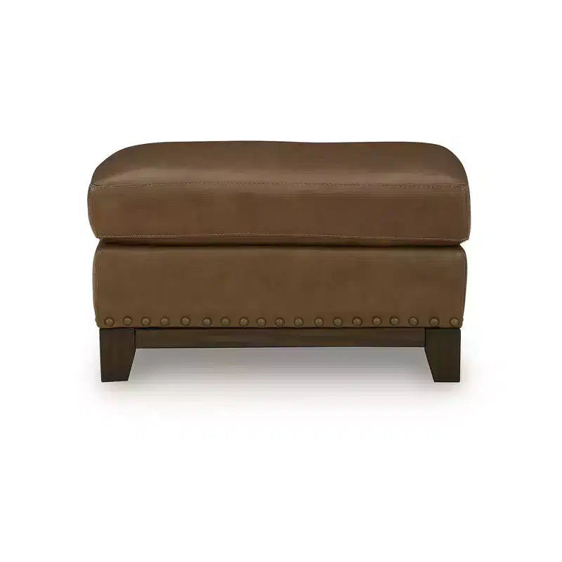 Signature Design by Ashley Brendola Ottoman, Top Grain Leather Cushion with Nailhead Trim, Amber