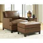 Signature Design by Ashley Brendola Ottoman, Top Grain Leather Cushion with Nailhead Trim, Amber