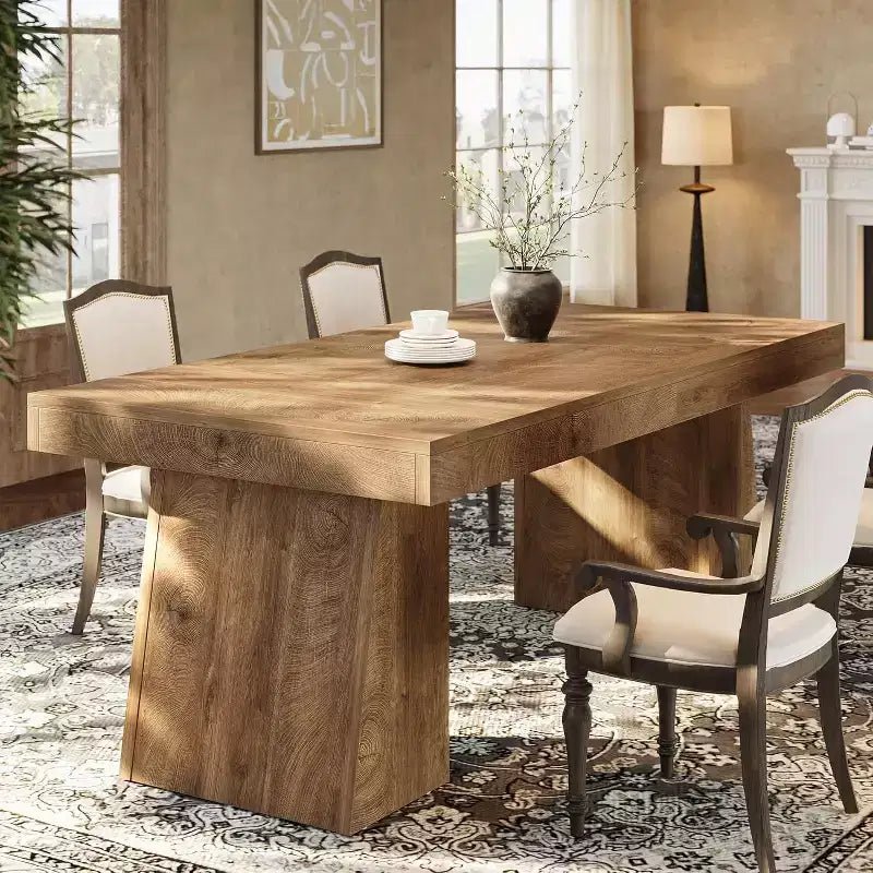 Lantine 55-Inch Rectangular Dining Table for 4-6 People, Farmhouse Style Kitchen Dinner Table with Double Pedestal for Home, Small Space