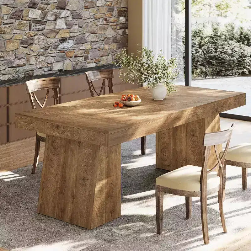 Table à manger rectangulaire Lantine de 55 pouces pour 4 à 6 personnes, table de cuisine de style ferme avec double piedestal pour la maison, petits espaces