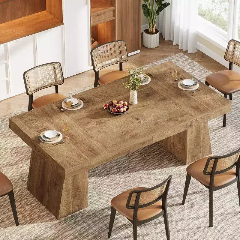 Table à manger rectangulaire Lantine de 55 pouces pour 4 à 6 personnes, table de cuisine de style ferme avec double piedestal pour la maison, petits espaces