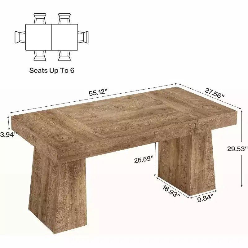 Table à manger rectangulaire Lantine de 55 pouces pour 4 à 6 personnes, table de cuisine de style ferme avec double piedestal pour la maison, petits espaces