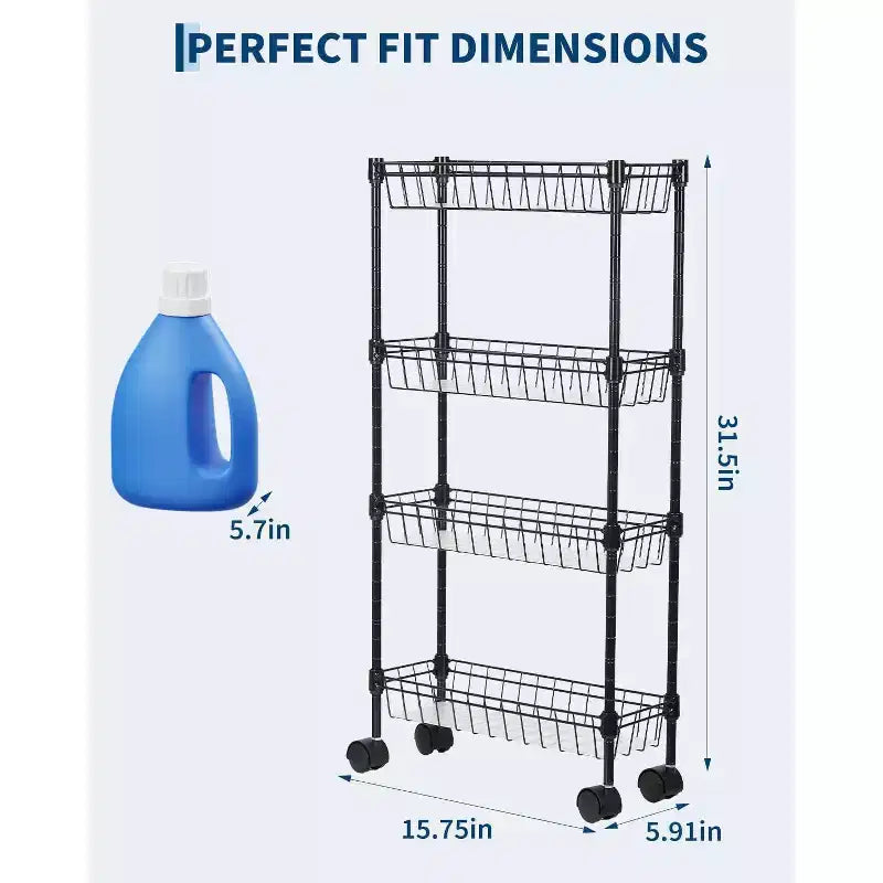 Chariot de rangement à roulettes en métal mince à 3 ou 4 niveaux avec paniers, organisateur réglable peu encombrant pour cuisine, bureau, salle de bain, garage, noir