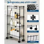 Chariot de rangement à roulettes en métal mince à 3 ou 4 niveaux avec paniers, organisateur réglable peu encombrant pour cuisine, bureau, salle de bain, garage, noir