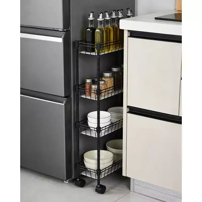Chariot de rangement à roulettes en métal mince à 3 ou 4 niveaux avec paniers, organisateur réglable peu encombrant pour cuisine, bureau, salle de bain, garage, noir