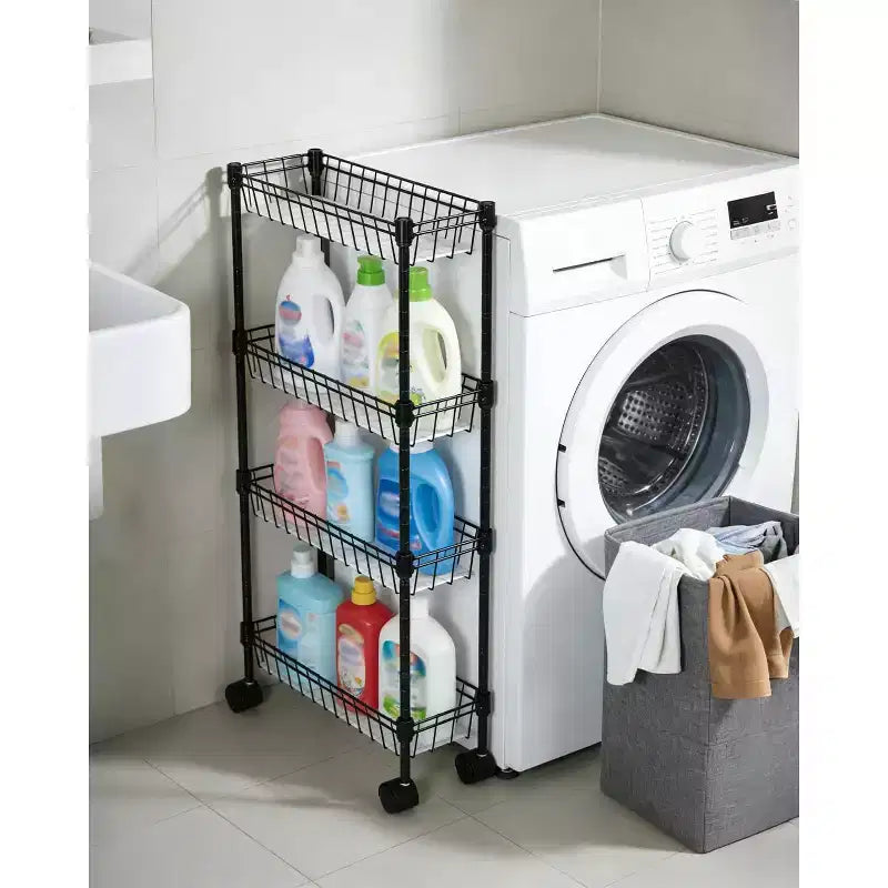 Chariot de rangement à roulettes en métal mince à 3 ou 4 niveaux avec paniers, organisateur réglable peu encombrant pour cuisine, bureau, salle de bain, garage, noir