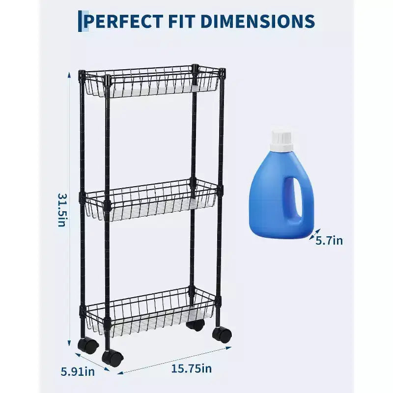 Chariot de rangement à roulettes en métal mince à 3 ou 4 niveaux avec paniers, organisateur réglable peu encombrant pour cuisine, bureau, salle de bain, garage, noir