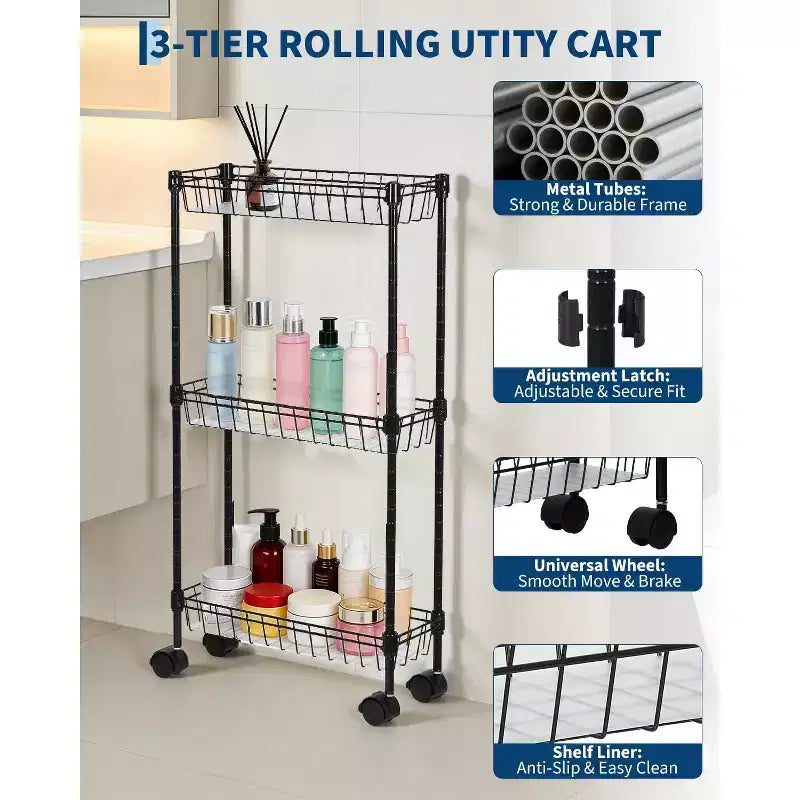 Chariot de rangement à roulettes en métal mince à 3 ou 4 niveaux avec paniers, organisateur réglable peu encombrant pour cuisine, bureau, salle de bain, garage, noir