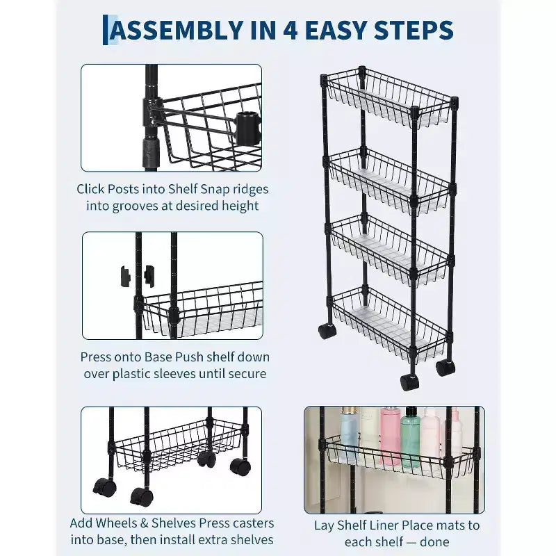 Chariot de rangement à roulettes en métal mince à 3 ou 4 niveaux avec paniers, organisateur réglable peu encombrant pour cuisine, bureau, salle de bain, garage, noir