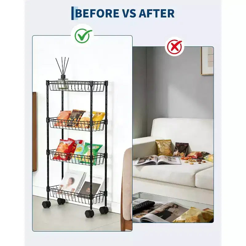 Chariot de rangement à roulettes en métal mince à 3 ou 4 niveaux avec paniers, organisateur réglable peu encombrant pour cuisine, bureau, salle de bain, garage, noir