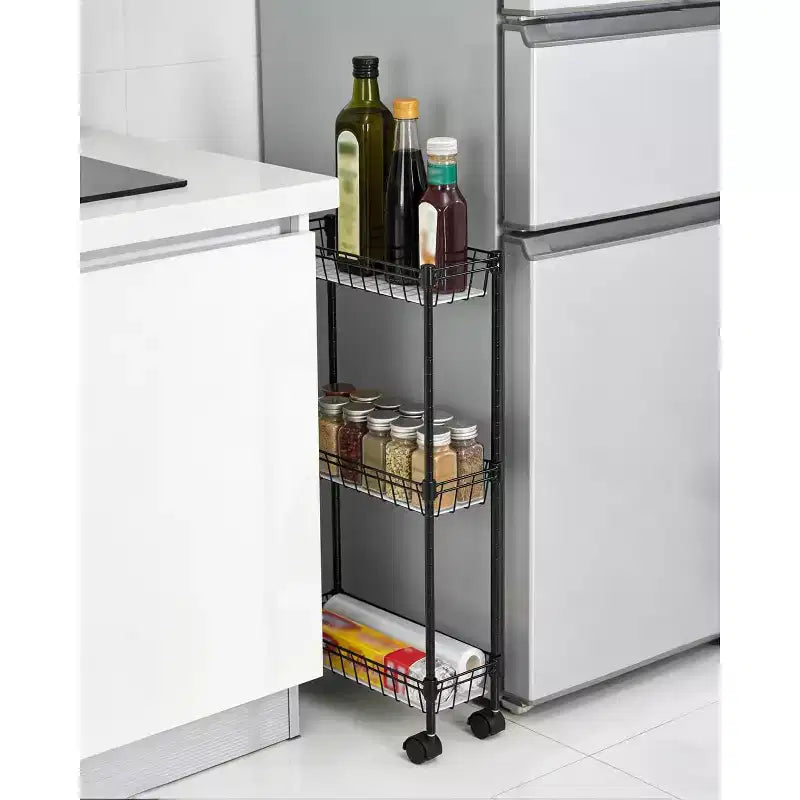 Chariot de rangement à roulettes en métal mince à 3 ou 4 niveaux avec paniers, organisateur réglable peu encombrant pour cuisine, bureau, salle de bain, garage, noir