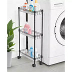 Chariot de rangement à roulettes en métal mince à 3 ou 4 niveaux avec paniers, organisateur réglable peu encombrant pour cuisine, bureau, salle de bain, garage, noir