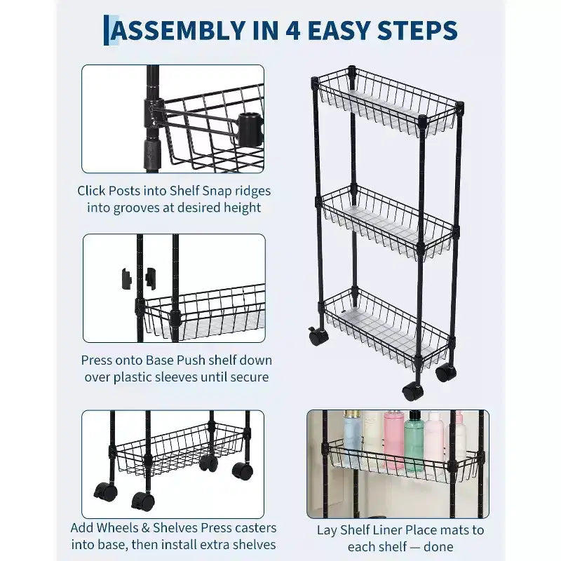 Chariot de rangement à roulettes en métal mince à 3 ou 4 niveaux avec paniers, organisateur réglable peu encombrant pour cuisine, bureau, salle de bain, garage, noir