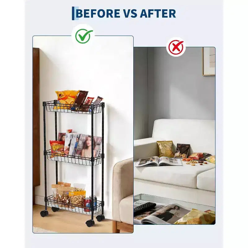 Chariot de rangement à roulettes en métal mince à 3 ou 4 niveaux avec paniers, organisateur réglable peu encombrant pour cuisine, bureau, salle de bain, garage, noir