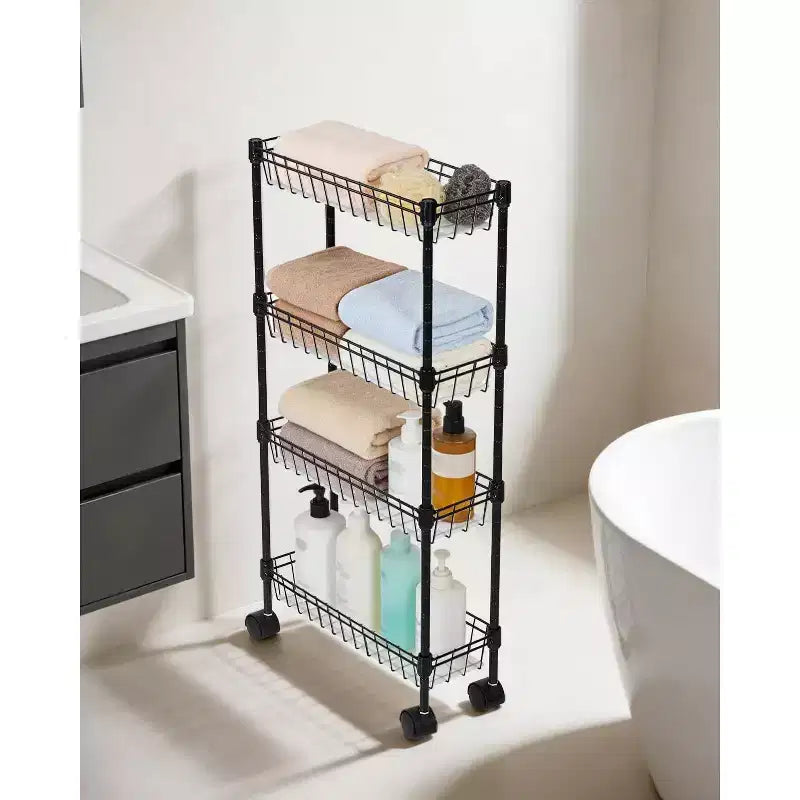 Chariot de rangement à roulettes en métal mince à 3 ou 4 niveaux avec paniers, organisateur réglable peu encombrant pour cuisine, bureau, salle de bain, garage, noir