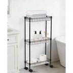 Slim 3-Tier/4-Tier Metal Rolling Storage Cart with Wheels & Baskets, Adjustable Space-Saving Organizer for Kitchen Office Bathroom Garage, Black