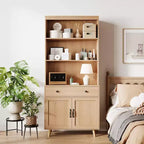 Sideboard, Natural Wood Buffet Cabinet with Drawer & Doors, Open Shelves Freestanding for Living Room, Dining Room