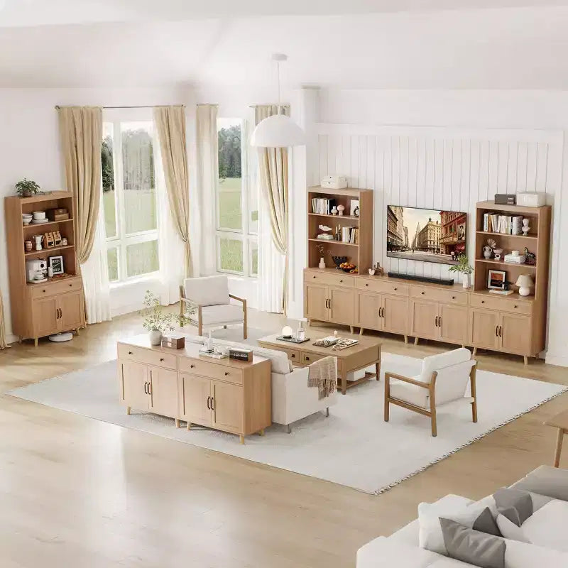 Buffet en bois naturel avec tiroir et portes, étagères ouvertes autoportantes pour salon, salle à manger