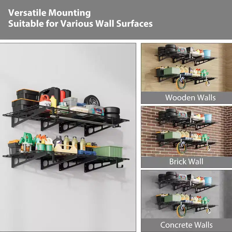 Lot de 2 étagères de garage, étagères murales de rangement de garage, étagères flottantes, étagères murales robustes de 2 x 1,8 m, étagères murales métalliques