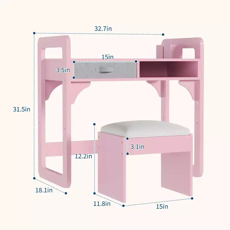 Adjustable Kids Desk and Chair Set, with Cloth Drawers and Pen Holder, Wooden Study Table, for Reading, Homework, Writing