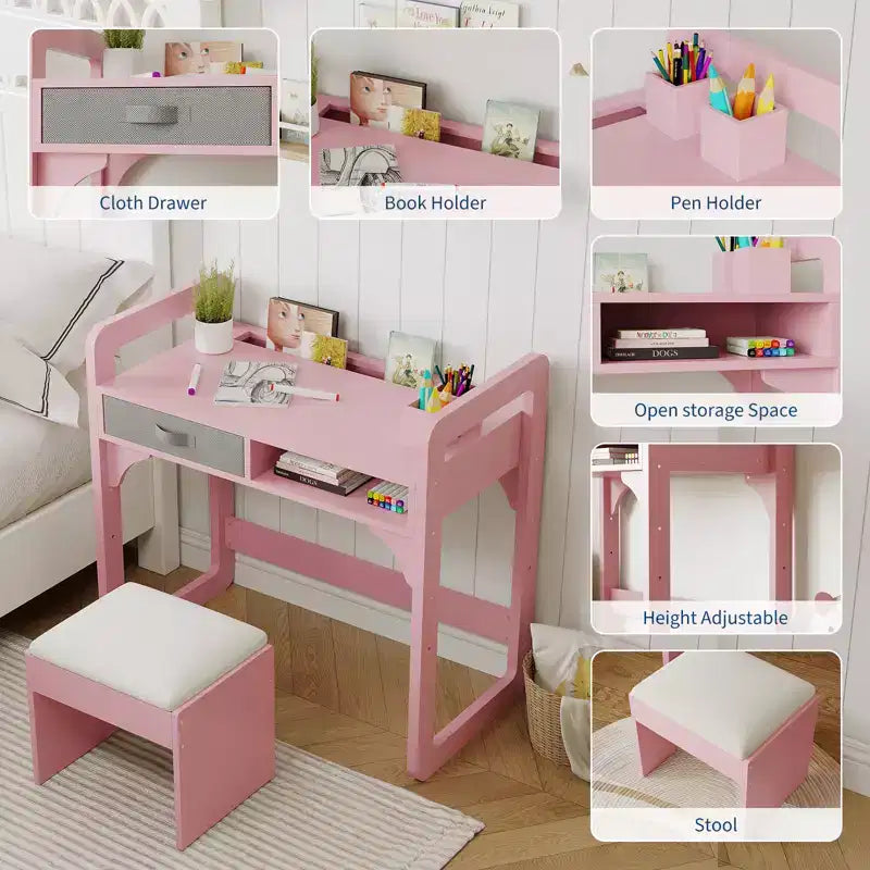 Adjustable Kids Desk and Chair Set, with Cloth Drawers and Pen Holder, Wooden Study Table, for Reading, Homework, Writing