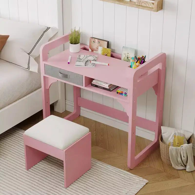 Adjustable Kids Desk and Chair Set, with Cloth Drawers and Pen Holder, Wooden Study Table, for Reading, Homework, Writing