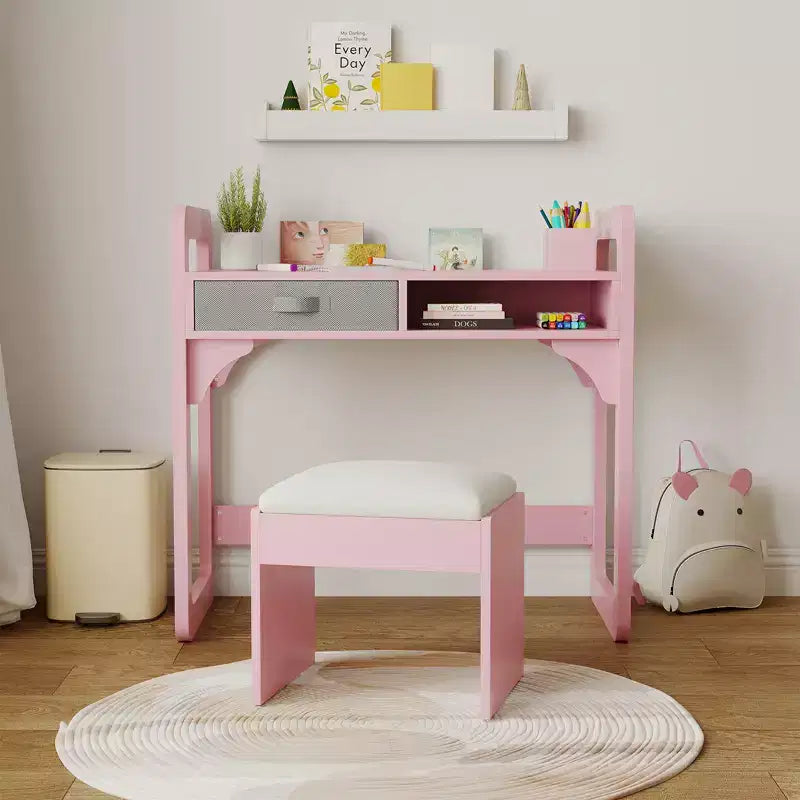 Adjustable Kids Desk and Chair Set, with Cloth Drawers and Pen Holder, Wooden Study Table, for Reading, Homework, Writing