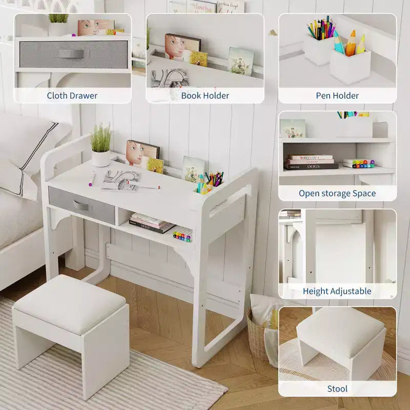 Adjustable Kids Desk and Chair Set, with Cloth Drawers and Pen Holder, Wooden Study Table, for Reading, Homework, Writing