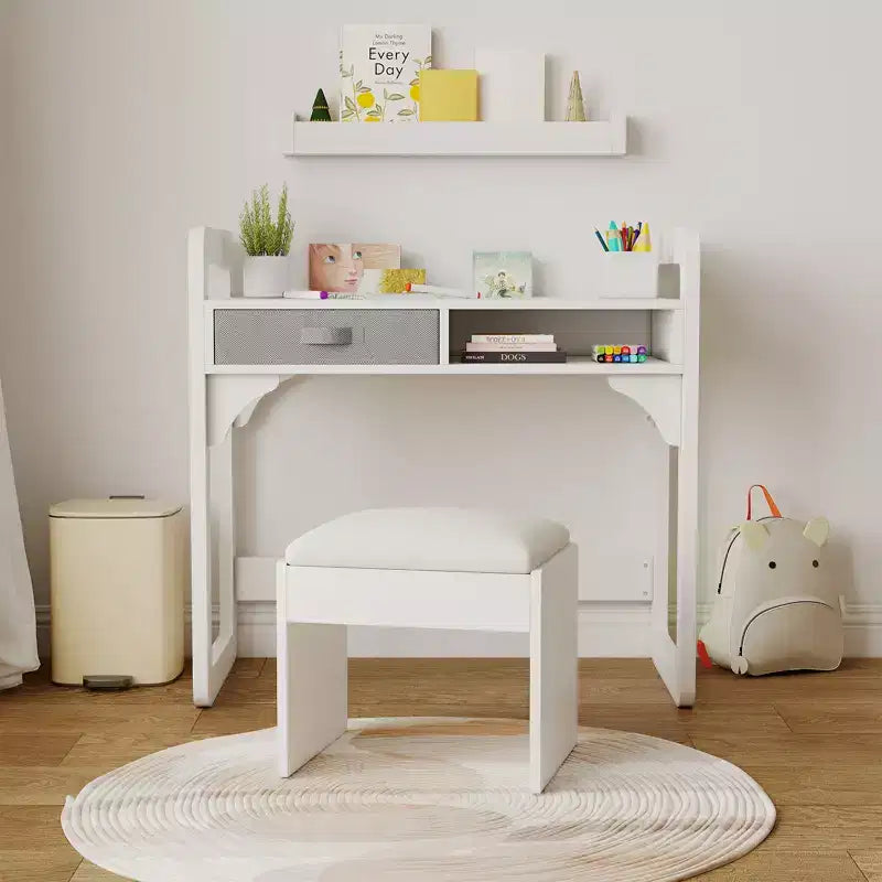 Adjustable Kids Desk and Chair Set, with Cloth Drawers and Pen Holder, Wooden Study Table, for Reading, Homework, Writing