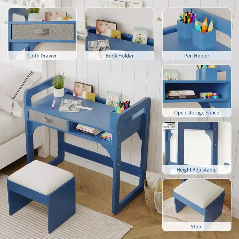 Adjustable Kids Desk and Chair Set, with Cloth Drawers and Pen Holder, Wooden Study Table, for Reading, Homework, Writing