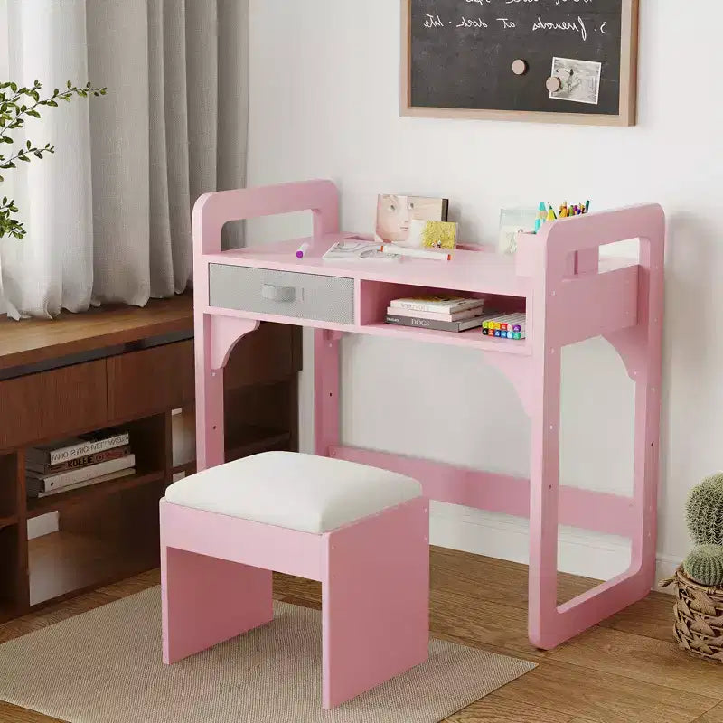 Adjustable Kids Desk and Chair Set, with Cloth Drawers and Pen Holder, Wooden Study Table, for Reading, Homework, Writing