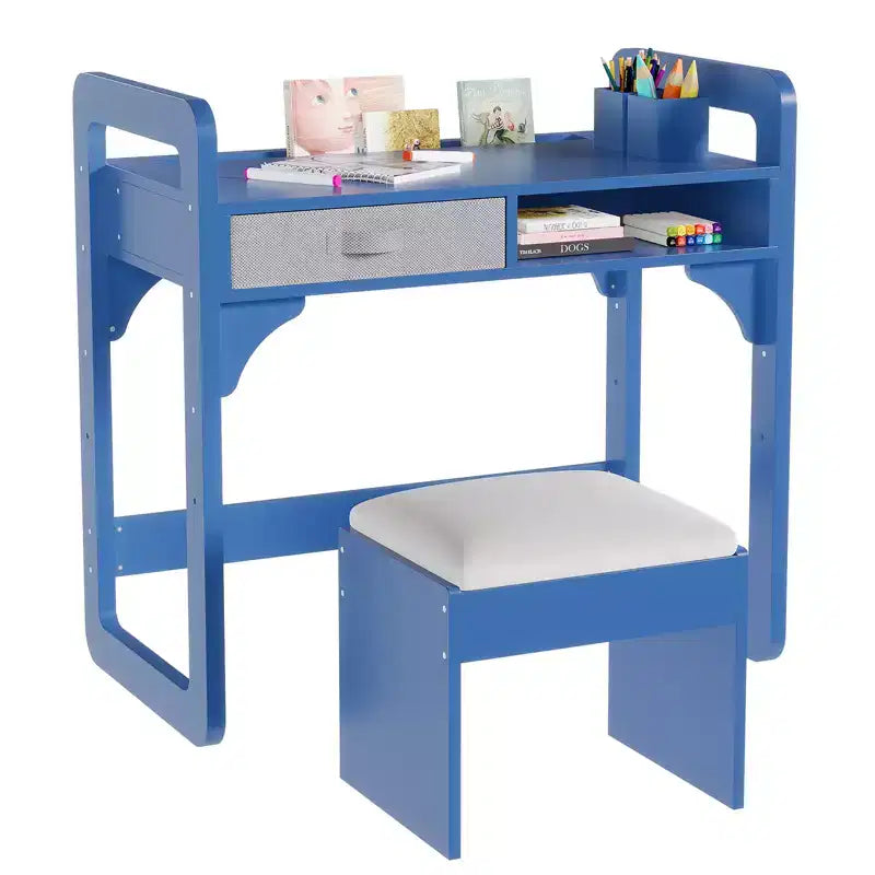 Adjustable Kids Desk and Chair Set, with Cloth Drawers and Pen Holder, Wooden Study Table, for Reading, Homework, Writing
