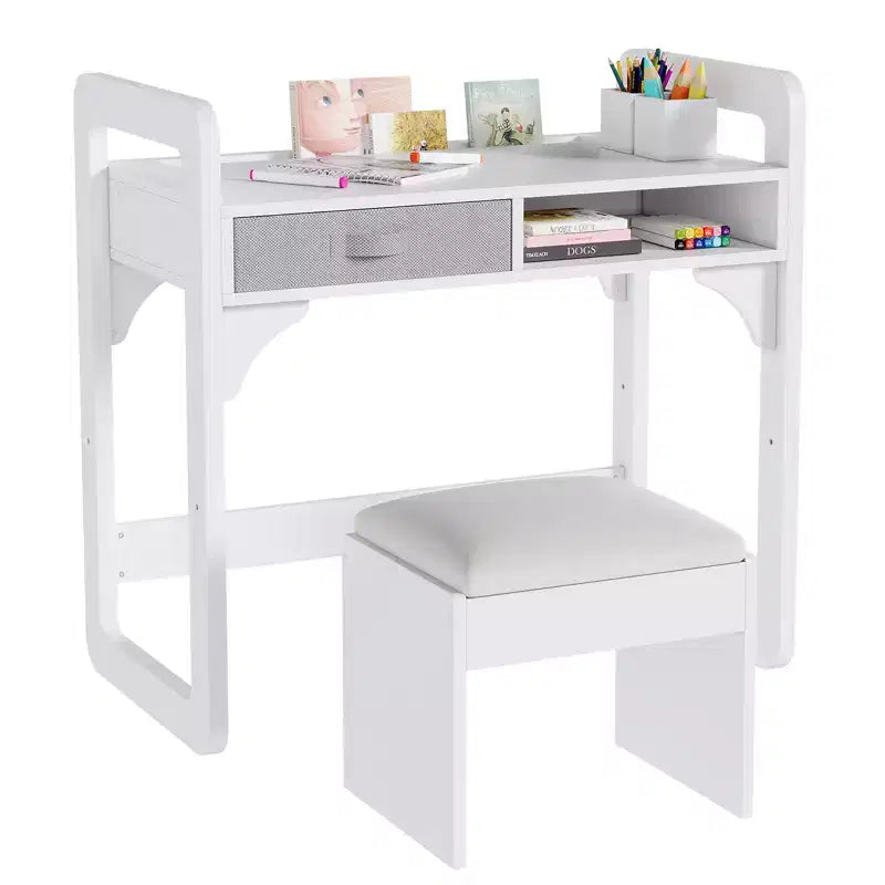 Adjustable Kids Desk and Chair Set, with Cloth Drawers and Pen Holder, Wooden Study Table, for Reading, Homework, Writing