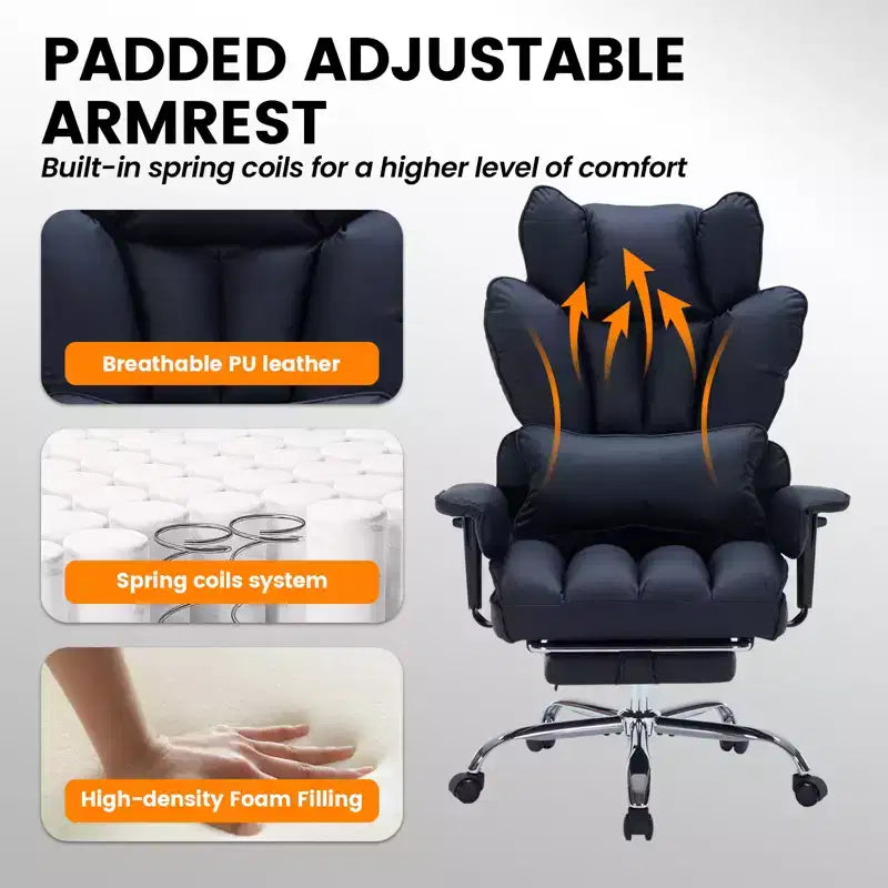 Big and Tall Office Chair w/Footrest, High Back Executive Desk Chair, 155ReclineLumbar Support Pillow, Faux Leather Gaming Chairs for Home