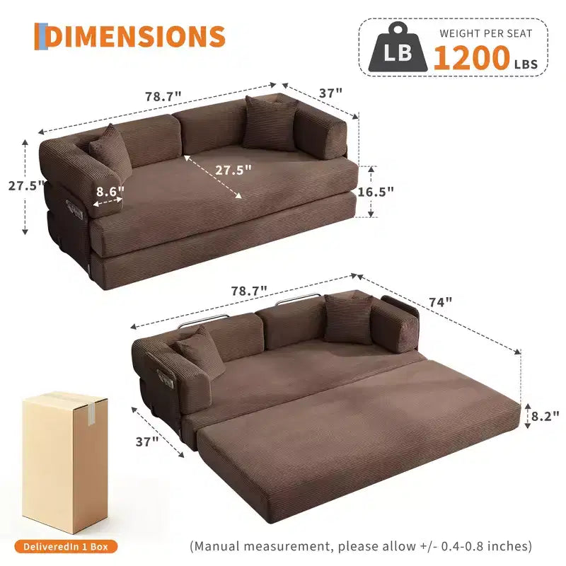 Canapé-lit convertible modulable en velours côtelé de 78,7 po avec oreiller, accoudoirs et dossier – peu encombrant, multiposition