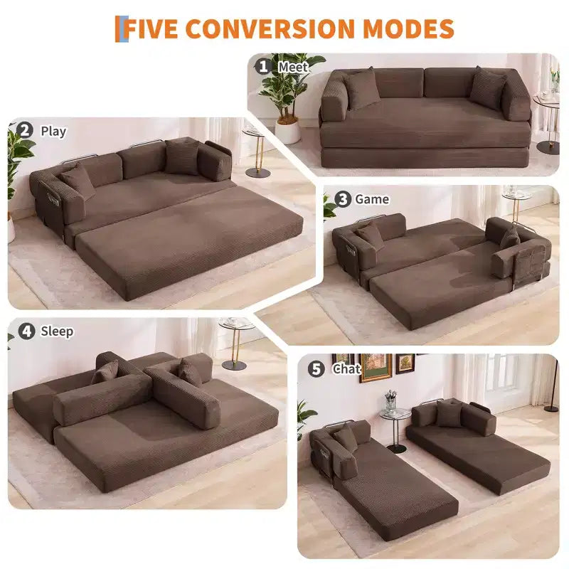 Canapé-lit convertible modulable en velours côtelé de 78,7 po avec oreiller, accoudoirs et dossier – peu encombrant, multiposition