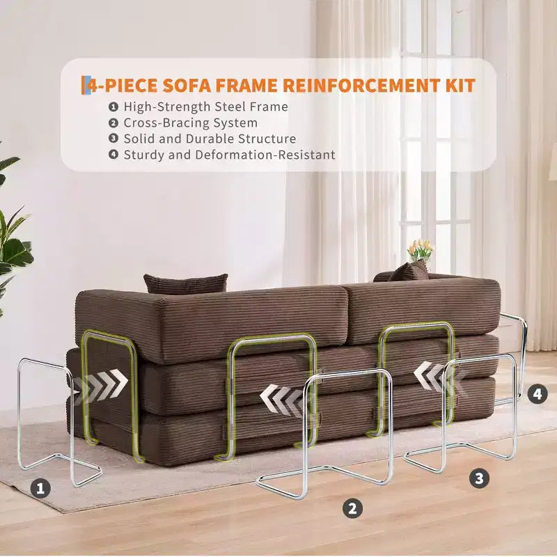 Canapé-lit convertible modulable en velours côtelé de 78,7 po avec oreiller, accoudoirs et dossier – peu encombrant, multiposition